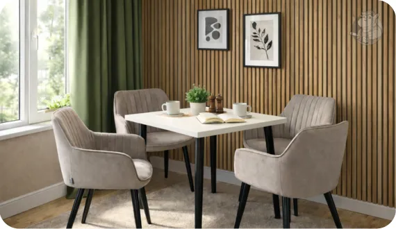 beżowe krzesła HIPPER. Karl przy stole z białym blatem